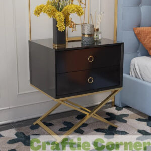 Table de chevet moderne 500mm, 2 tiroirs, piédestal en X, design épuré, matériaux durables, poignées en métal, pieds en bois massif.