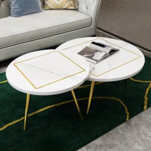 Table basse ronde en MDF et acier inoxydable doré